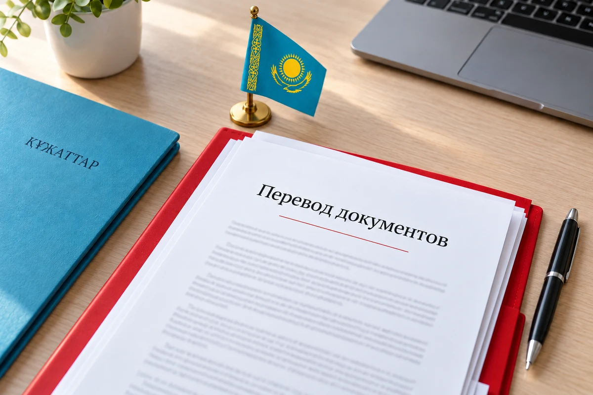 Иллюстрация: документы в красной папке, папка «Құжаттар» и настольный флаг Казахстана